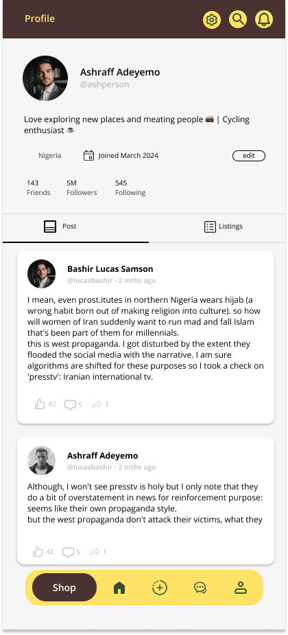 SuqSphere — Profile, posts and listings