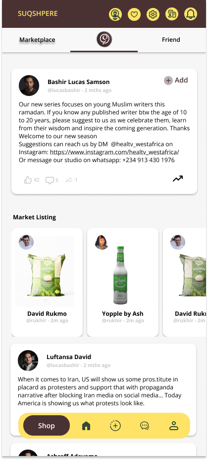 SuqSphere — Home feed with market listings